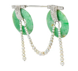 Art Deco Jade Pearl 1.44 CTW Diamond Platinum Bi Jabot BroochBrooch - Wilson's Estate Jewelry