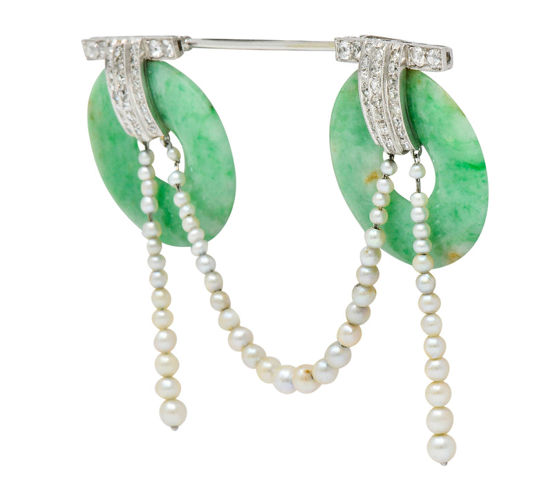 Art Deco Jade Pearl 1.44 CTW Diamond Platinum Bi Jabot BroochBrooch - Wilson's Estate Jewelry