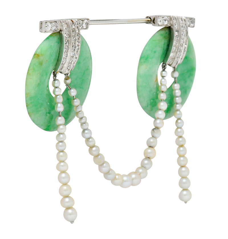 Art Deco Jade Pearl 1.44 CTW Diamond Platinum Bi Jabot BroochBrooch - Wilson's Estate Jewelry