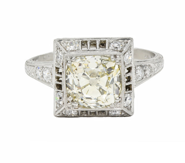 1928 Art Deco 2.37 CTW Light Yellow Diamond Platinum Vintage Pyramid Ring