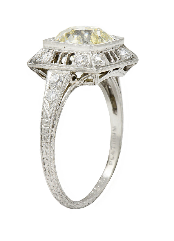 1928 Art Deco 2.37 CTW Light Yellow Diamond Platinum Vintage Pyramid Ring