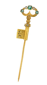 1880's Victorian Emerald Pearl 18 Karat Gold Key StickpinStick Pin - Wilson's Estate Jewelry