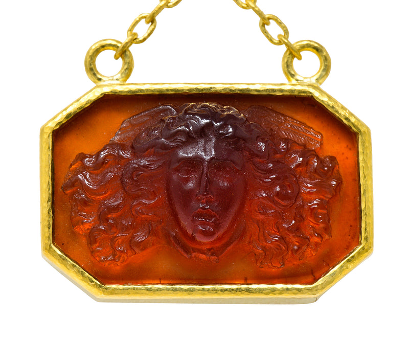 Elizabeth Locke Carnelian Venetian Glass Mother-Of-Pearl 19 Karat Gold Medusa Enhancer Pendant NecklaceNecklace - Wilson's Estate Jewelry