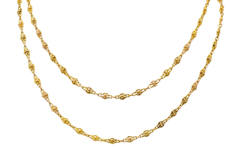 French Victorian 18 Karat Yellow Gold Knot Navette Chain Link 55 Inch Long Antique Necklace Wilson's Estate Jewelry