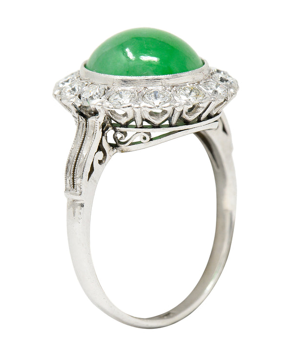 Art Deco Diamond Natural Jade Cabochon Platinum Scrolling Vintage Halo Ring GIA Wilson's Estate Jewelry