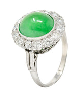 Art Deco Diamond Natural Jade Cabochon Platinum Scrolling Vintage Halo Ring GIA Wilson's Estate Jewelry