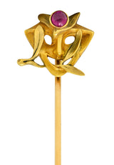 Art Nouveau Ruby Cabochon 18 Karat Gold Green Man StickpinStick Pin - Wilson's Estate Jewelry