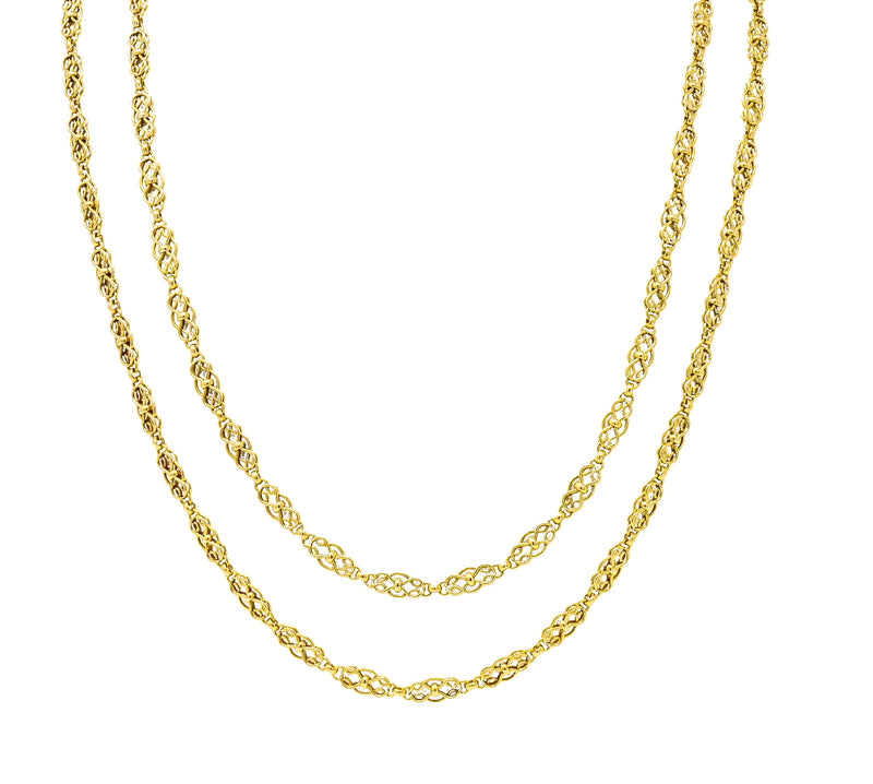 French Victorian 18 Karat Yellow Gold Infinity Knot Long Chain Antique Necklace Wilson's Estate Jewelry