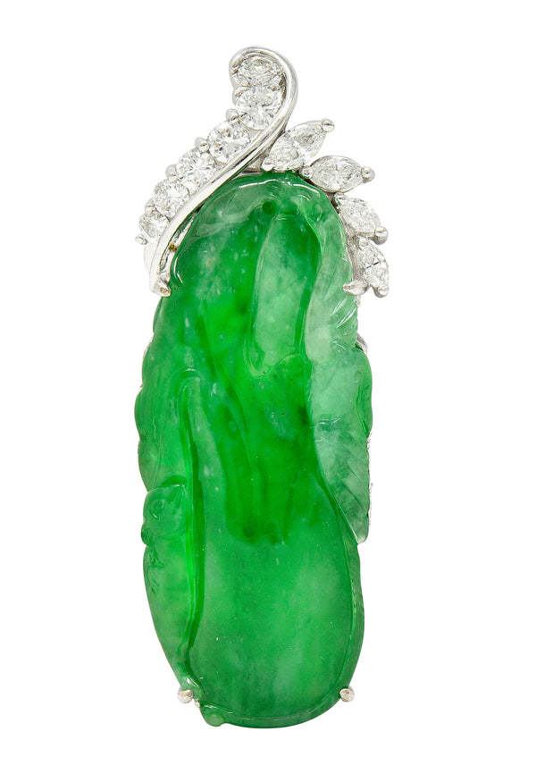 Mid-Century Diamond Carved Natural Jade 18 Karat White Gold Birds Pear Pendant GIA Wilson's Estate Jewelry