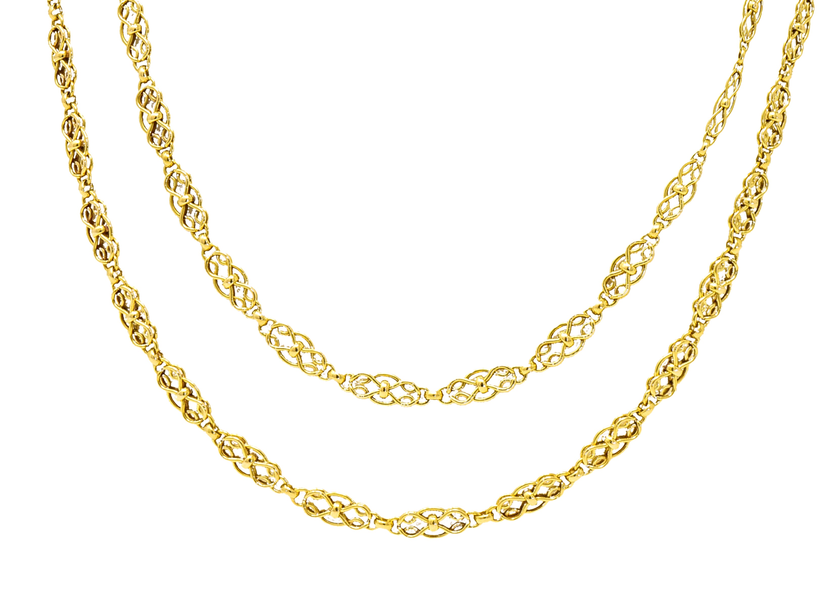 French Victorian 18 Karat Yellow Gold Infinity Knot Long Chain Antique Necklace Wilson's Estate Jewelry