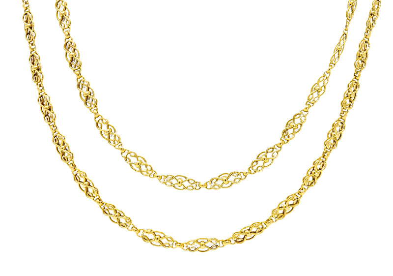 French Victorian 18 Karat Yellow Gold Infinity Knot Long Chain Antique Necklace Wilson's Estate Jewelry
