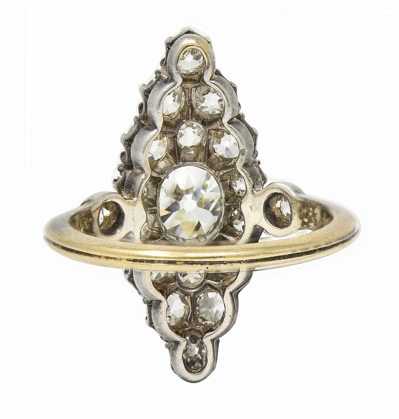 Victorian 1849 2.88 CTW Silver 18 Karat Gold Antique Navette Cluster Ring
