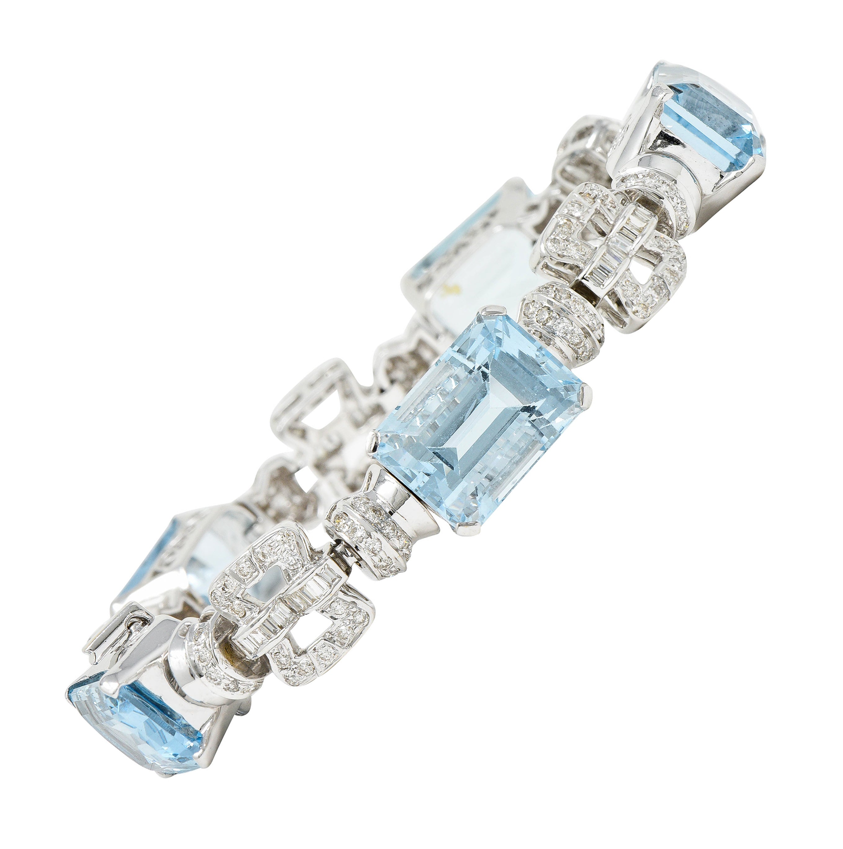 Vintage 47.50 CTW Aquamarine Diamond 18 Karat White Gold Buckle Link Braceletbracelet - Wilson's Estate Jewelry