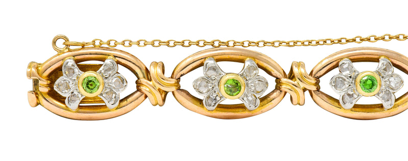 French Edwardian Demantoid Garnet Diamond Platinum-Topped 18 Karat Gold Link Braceletbracelet - Wilson's Estate Jewelry