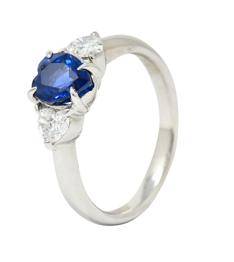Contemporary 1.48 CTW Heart Sapphire Diamond Platinum Three Stone RingRing - Wilson's Estate Jewelry