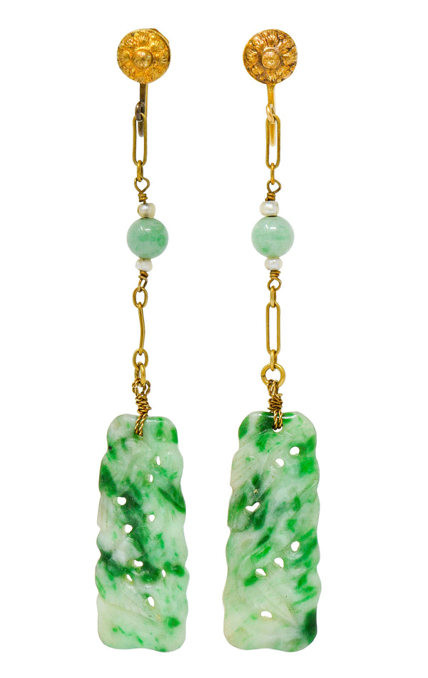 Retro Jade Natural Freshwater Pearl 14 Karat Gold Screwback EarringsEarrings - Wilson's Estate Jewelry
