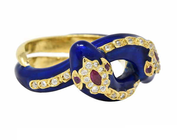 Victorian Ruby Diamond Blue Enamel 18 Karat Gold Antique Snake Antique Ring
