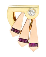 1940's Cartier Ruby Diamond 14 Karat Two-Tone Gold Fanned Retro Unisex Clip BroochBrooch - Wilson's Estate Jewelry
