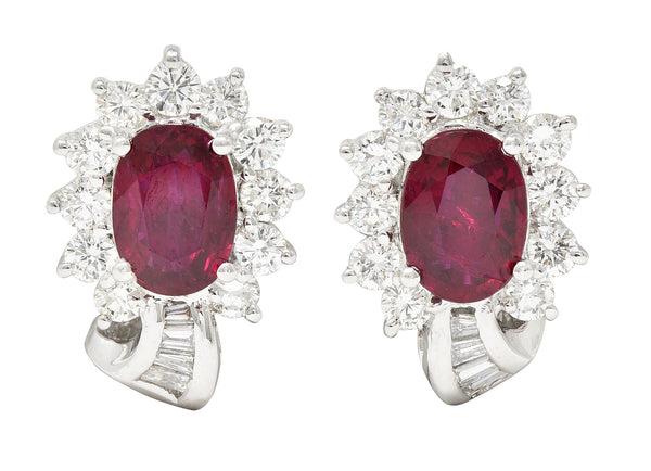 Vintage 5.60 CTW Oval Cut Ruby Diamond 18 Karat White Gold Ribbon Cluster Earrings Wilson's Estate Jewelry