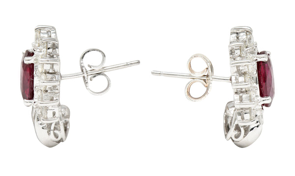 Vintage 5.60 CTW Oval Cut Ruby Diamond 18 Karat White Gold Ribbon Cluster Earrings Wilson's Estate Jewelry