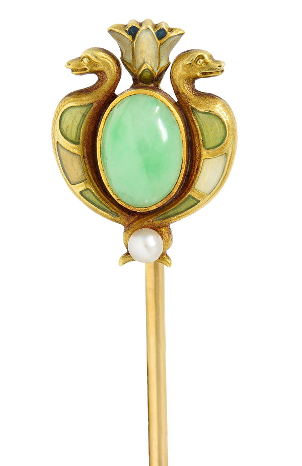 .11111 Whiteside & Blank Art Nouveau Jade Pearl Basse-Taille Enamel 14 Karat Yellow Gold Lotus Serpent Antique Stickpin Wilson's Estate Jewelry