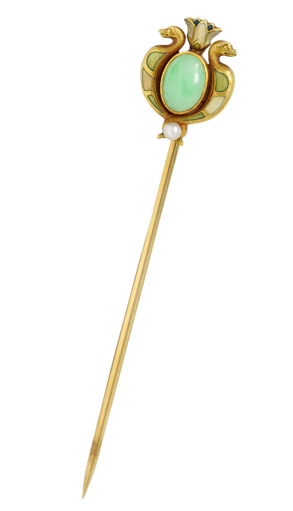 .11111 Whiteside & Blank Art Nouveau Jade Pearl Basse-Taille Enamel 14 Karat Yellow Gold Lotus Serpent Antique Stickpin Wilson's Estate Jewelry