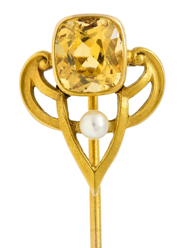.11111 Riker Bros. Art Nouveau 1.73 CTW Cushion Cut Heliodor Pearl 14 Karat Yellow Gold Whiplash Shield Antique Stickpin Wilson's Estate Jewelry