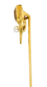 .11111 Riker Bros. Art Nouveau 1.73 CTW Cushion Cut Heliodor Pearl 14 Karat Yellow Gold Whiplash Shield Antique Stickpin Wilson's Estate Jewelry