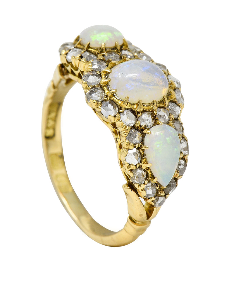 Victorian Opal Diamond 18 Karat Gold Three Stone Antique Halo Cluster Ring