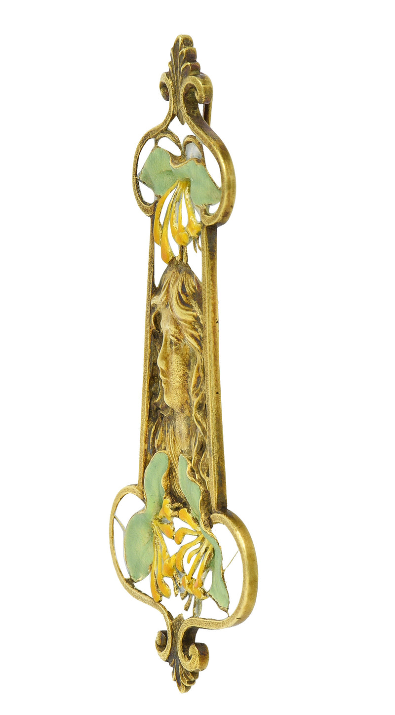 Eugene Feuilltre Art Nouveau Enamel 18 Karat Gold Lily Lady Antique Pendant