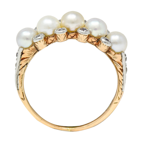 Edwardian Pearl Diamond Platinum-Topped 14 Karat Yellow Gold Antique Band Ring Wilson's Estate Jewelry