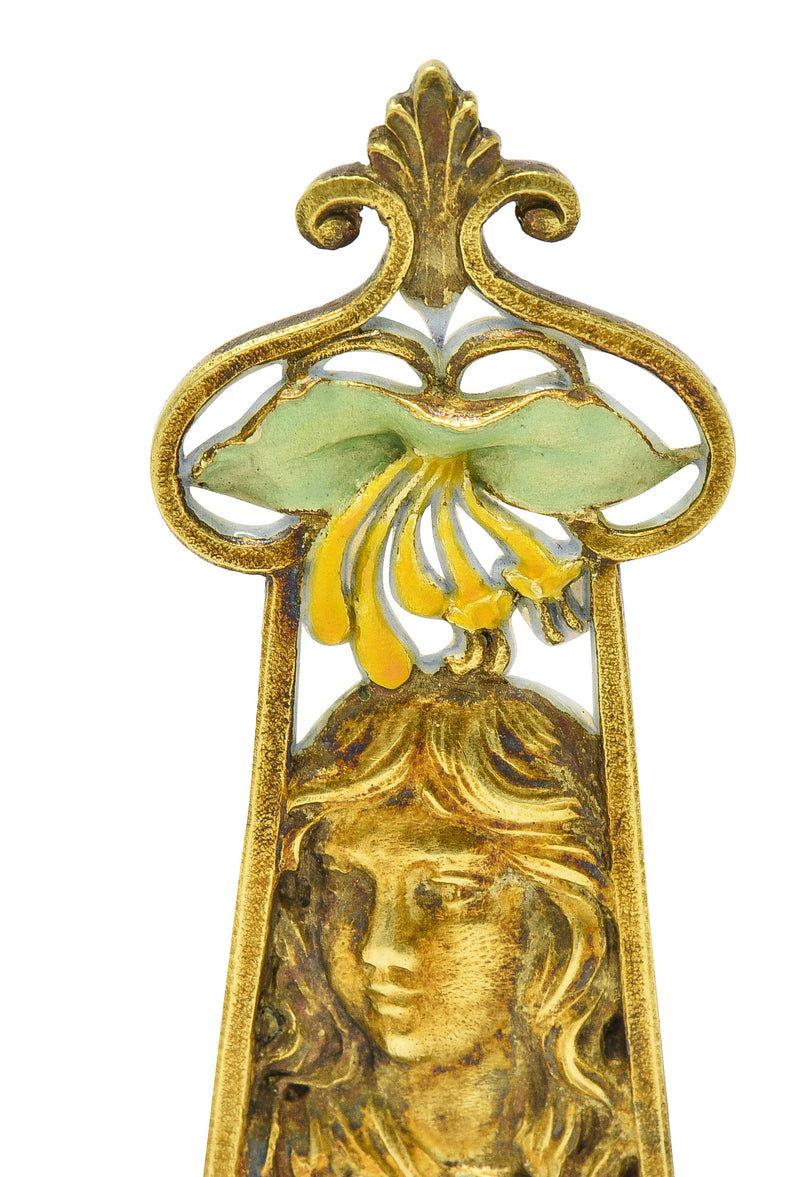 Eugene Feuilltre Art Nouveau Enamel 18 Karat Gold Lily Lady Antique Pendant