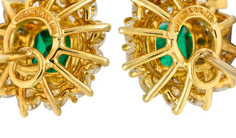 Tiffany & Co. 3.58 CTW Emerald Diamond 18 Karat Gold Vintage Cluster Earrings
