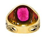 Art Nouveau 7.85 CTW Oval Cut Rubellite 18 Karat Yellow Gold Unisex Men's Dragon Antique Gemstone Ring Wilson's Estate Jewelry