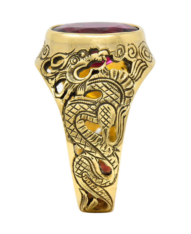 Art Nouveau 7.85 CTW Oval Cut Rubellite 18 Karat Yellow Gold Unisex Men's Dragon Antique Gemstone Ring Wilson's Estate Jewelry