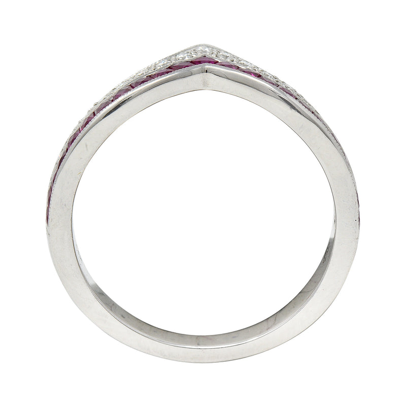 Contemporary 0.69 CTW French Cut Ruby Diamond 14 Karat White Gold Chevron Contour Band Ring Wilson's Estate Jewelry