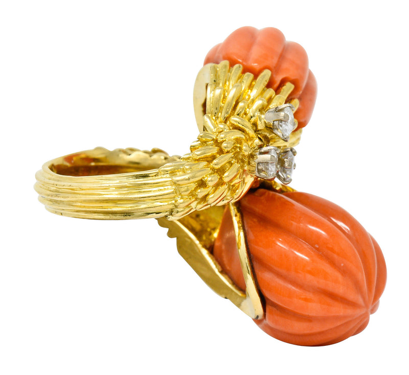 1968 Kutchinsky Diamond Coral 18 Karat Gold Vintage Bypass RingRing - Wilson's Estate Jewelry