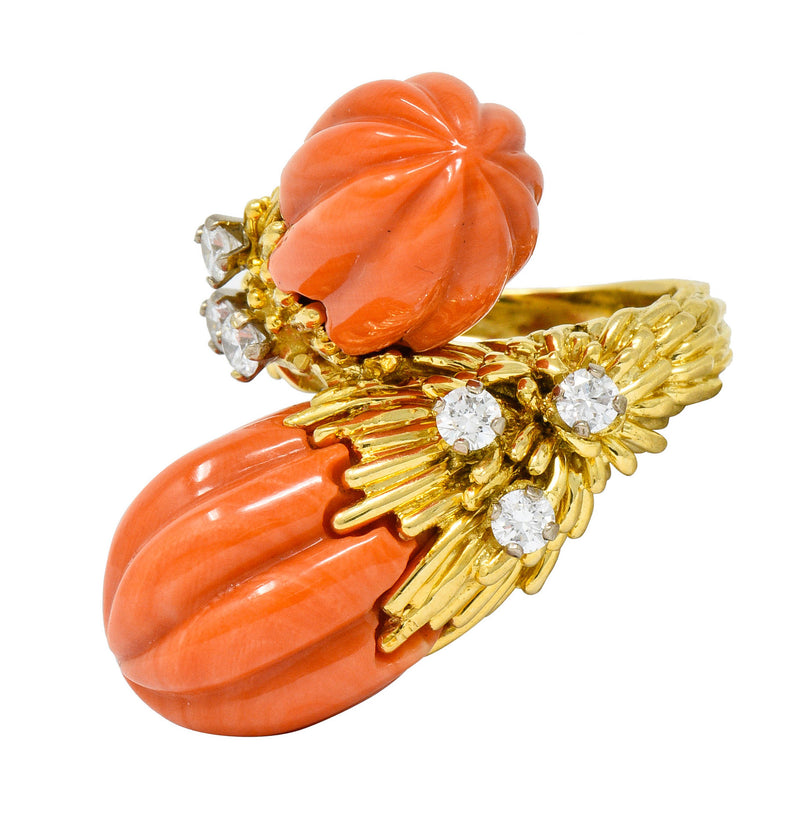 1968 Kutchinsky Diamond Coral 18 Karat Gold Vintage Bypass RingRing - Wilson's Estate Jewelry