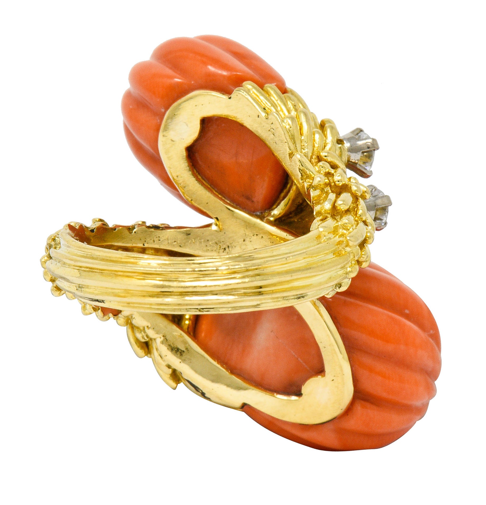 1968 Kutchinsky Diamond Coral 18 Karat Gold Vintage Bypass RingRing - Wilson's Estate Jewelry