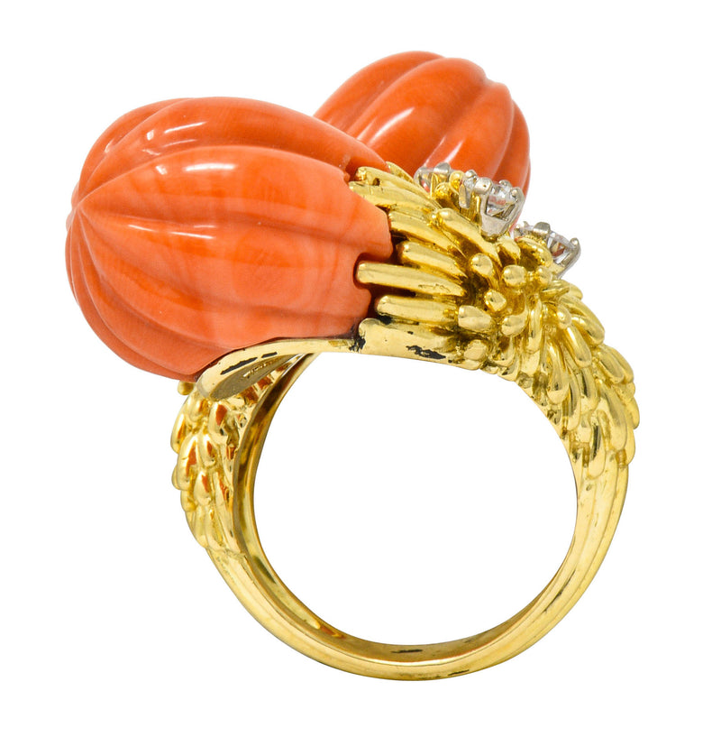 1968 Kutchinsky Diamond Coral 18 Karat Gold Vintage Bypass RingRing - Wilson's Estate Jewelry