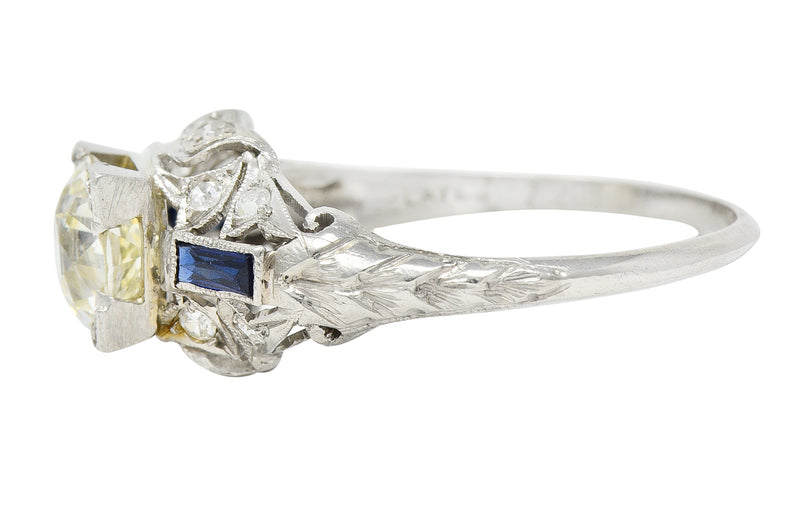 Art Deco 1.51 CTW Old European Cut Diamond Sapphire Platinum Ivy Square Form Engagement Ring Wilson's Estate Jewelry