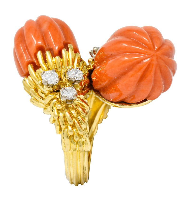 1968 Kutchinsky Diamond Coral 18 Karat Gold Vintage Bypass RingRing - Wilson's Estate Jewelry