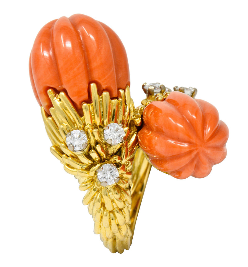 1968 Kutchinsky Diamond Coral 18 Karat Gold Vintage Bypass RingRing - Wilson's Estate Jewelry