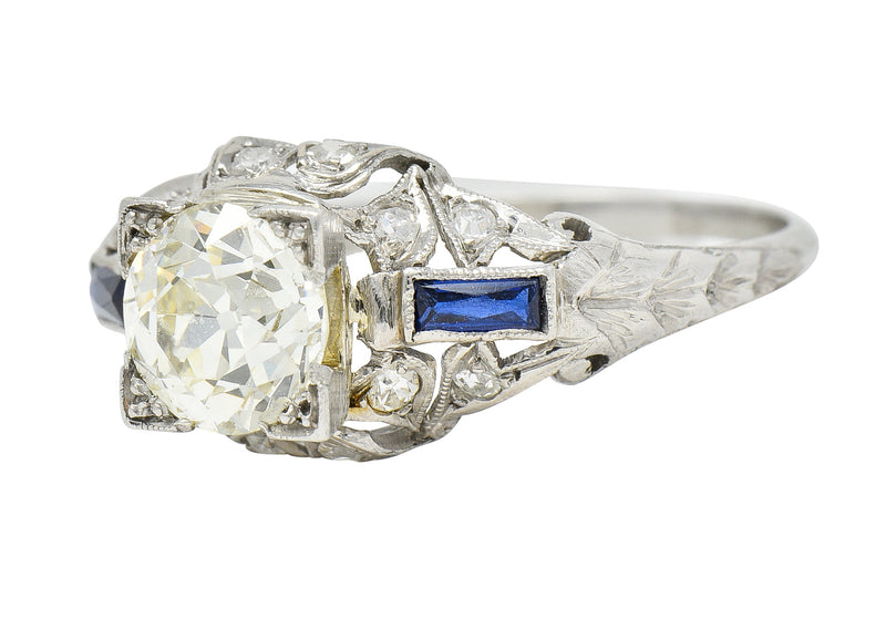 Art Deco 1.51 CTW Old European Cut Diamond Sapphire Platinum Ivy Square Form Engagement Ring Wilson's Estate Jewelry