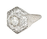 Art Deco 0.56 CTW Diamond Platinum Hexagonal Greek Key Vintage Dinner Ring