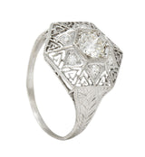 Art Deco 0.56 CTW Diamond Platinum Hexagonal Greek Key Vintage Dinner Ring