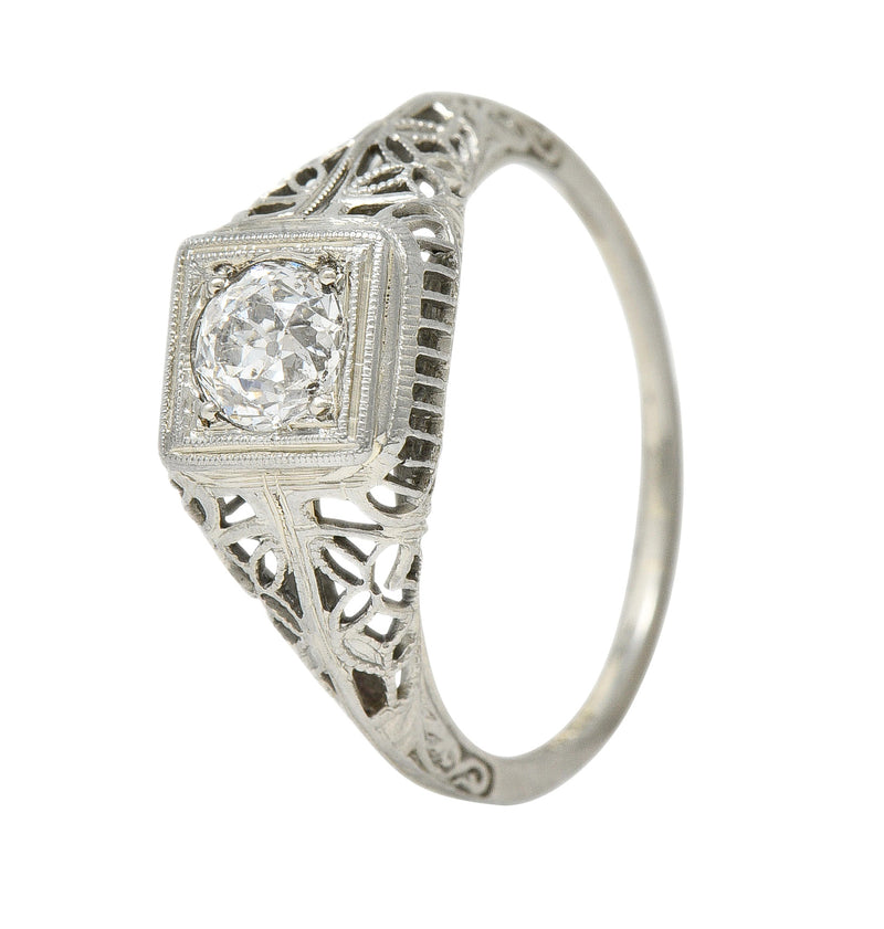 Art Deco 0.58 CTW Diamond 18 Karat White Gold Floral Vintage Engagement Ring
