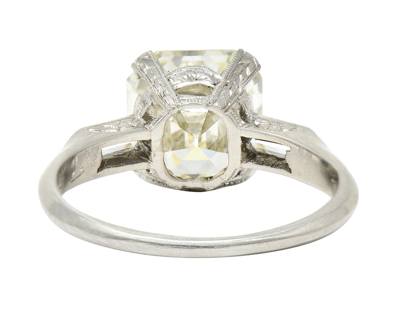 1930's Art Deco 3.32 CTW Emerald Step Cut Platinum Floral Vintage Engagement Ring GIA Wilson's Estate Jewelry