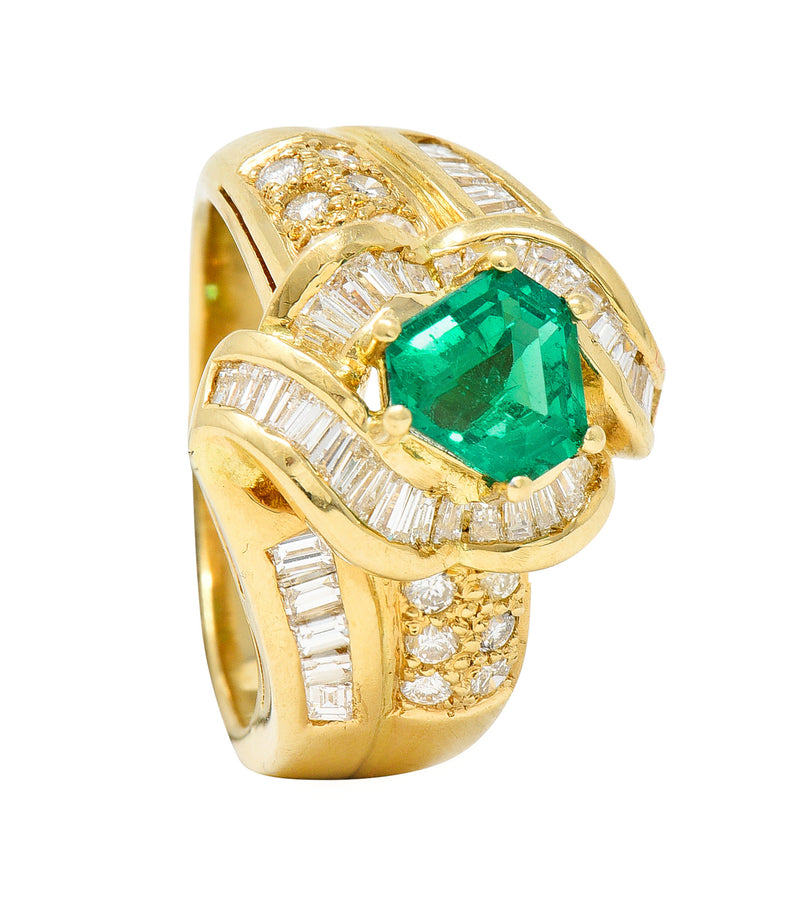 1980's Vintage 2.09 CTW Colombian Emerald Diamond 18 Karat Yellow Gold Knot Ring GIA Wilson's Antique & Estate Jewelry
