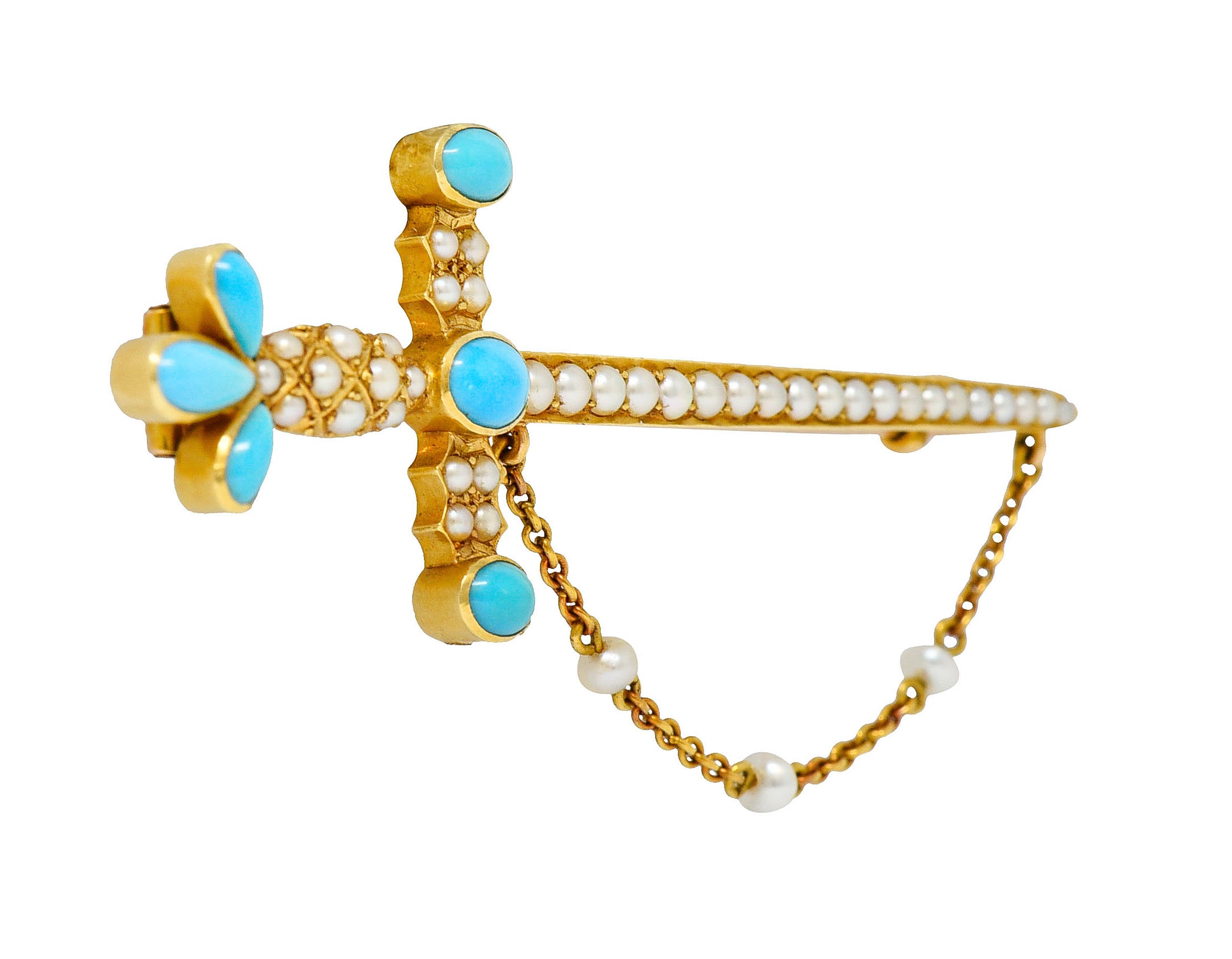 Victorian Natural Freshwater Pearl Turquoise 18 Karat Gold Sword Brooch Circa 1890Brooch - Wilson's Estate Jewelry